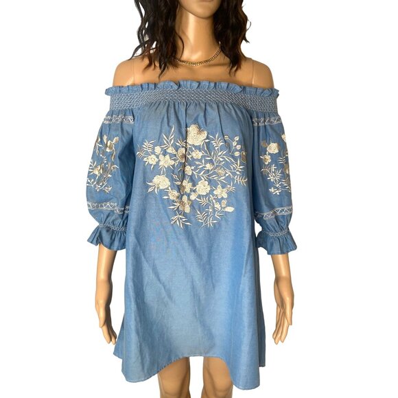 Goodnight Macaroon x Mumu Embroidered Off The Shoulder Dress Blue Size Small - Picture 1 of 8